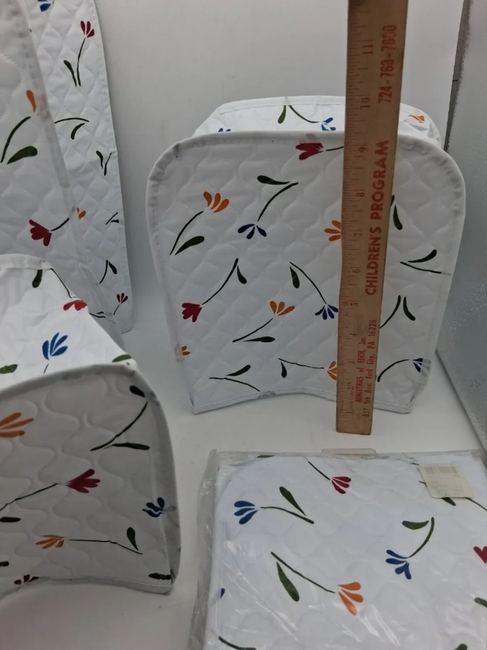 Vintage White w/Flower Quilted Vinyl Appliance Covers Lot of 4 Toaster Mixer